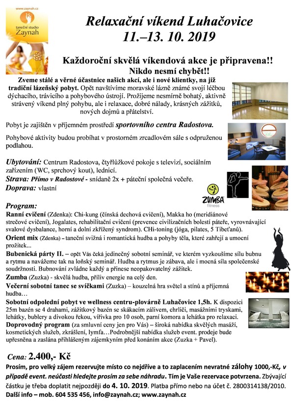 Relaxační víkend Luhačovice 11.-13.10.2019